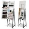 All-In-One Standing Makeup Jewelry Mirror Cabinet, White Lockable Full Length Vanity Mirror Organizer with Rolling Casters